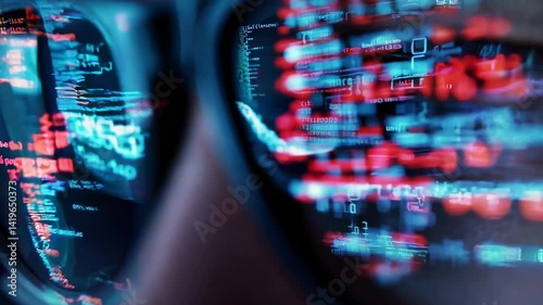 A programmer focuses on their work in a darkened setting, with lines of vibrant code clearly visible in the reflection of their glasses. The atmosphere is intense yet professional.