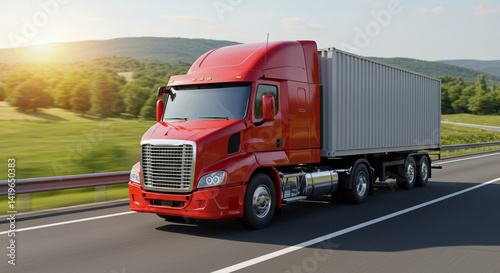 Red semi-truck cruising on highway, showcasing transportation and logistics
