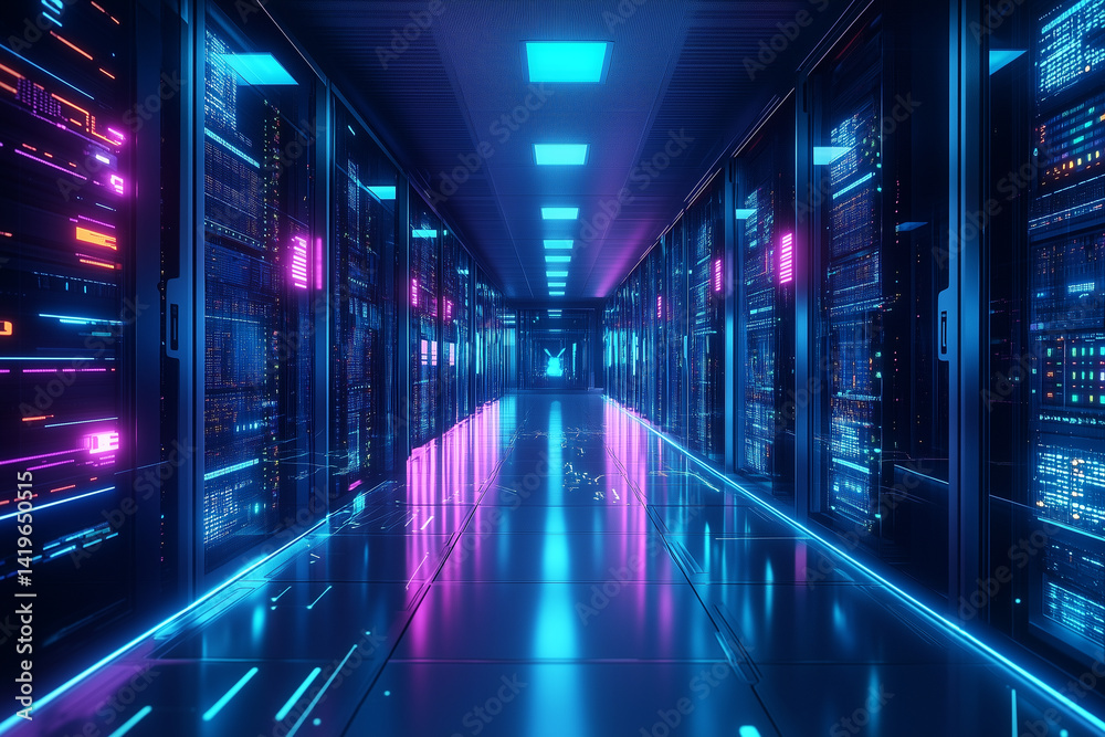 Modern Data Center Interior With Neon Lighting Modern Data Center Interior With Neon Lighting