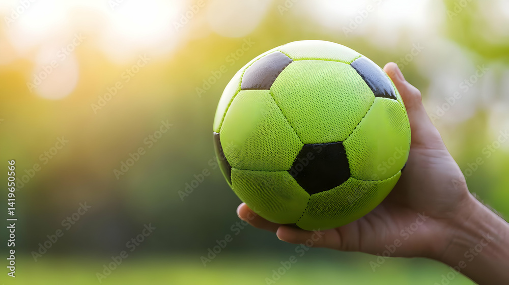 Fototapeta premium Child'S Hand Holding A Green Soccer Ball Outdoors