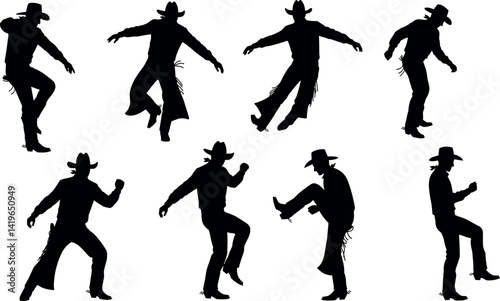 Silhouette of a couple in cowboy hats line dancing