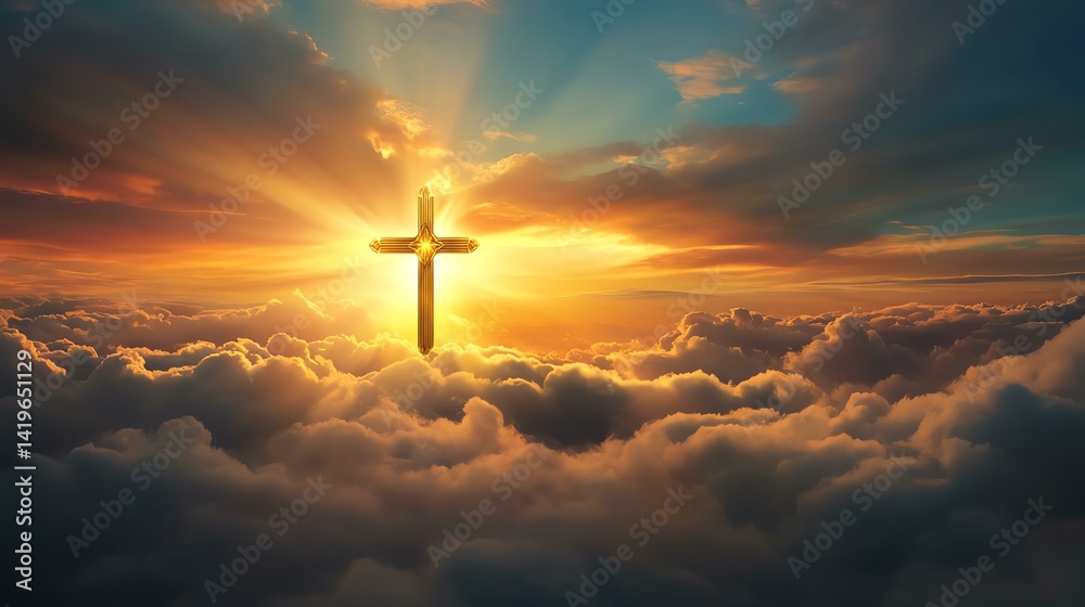 A serene sunrise over clouds with a glowing cross symbolizing hope and faith. A serene sunrise over clouds with a glowing cross symbolizing hope and faith.