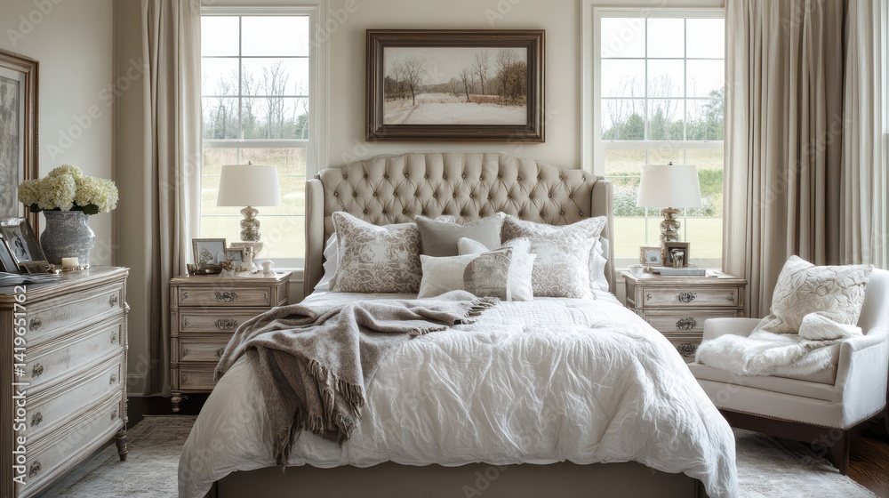 Elegant and cozy bedroom featuring a tufted headboard and neutral tones Elegant and cozy bedroom featuring a tufted headboard and neutral tones
