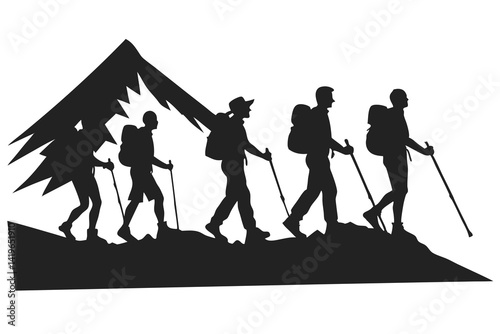set of Mountain trekking person vector silhouette illustration isolated on white background