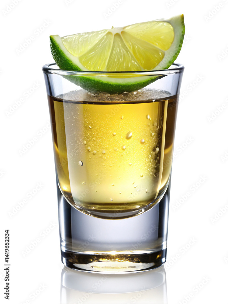 Golden tequila shot with a wedge of lime resting on the rim Golden tequila shot with a wedge of lime resting on the rim