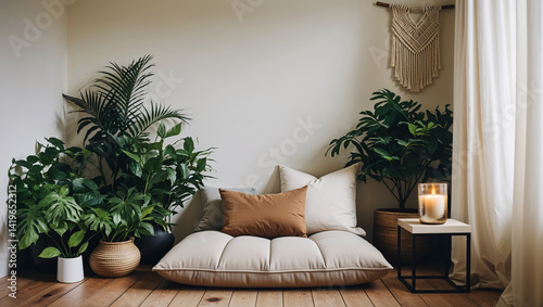 Serene Interior Design With Floor Seating Indoor Plants And Natural Light