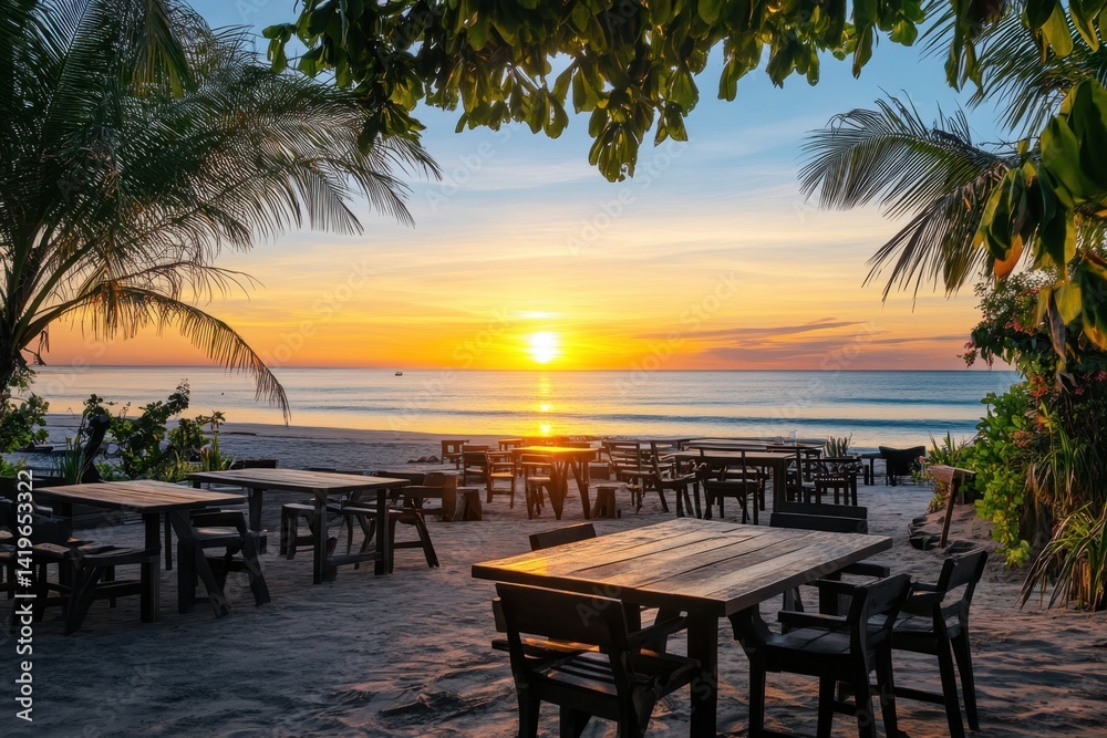 Fototapeta premium Sunset dining at beachside tables with palm trees in tranquil setting