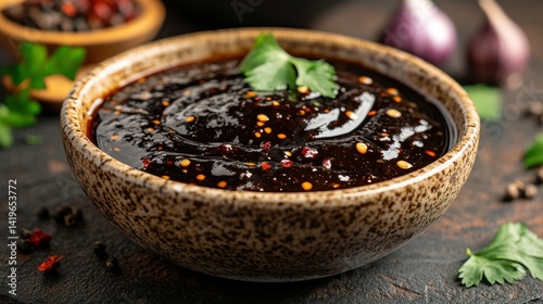 Dark, spicy sauce in bowl