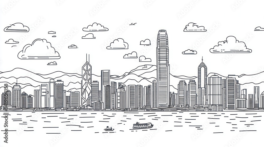 Obraz premium Hong Kong Skyline Line Drawing, Cityscape, Daytime, Urban Scene, for Use in Books or Presentations