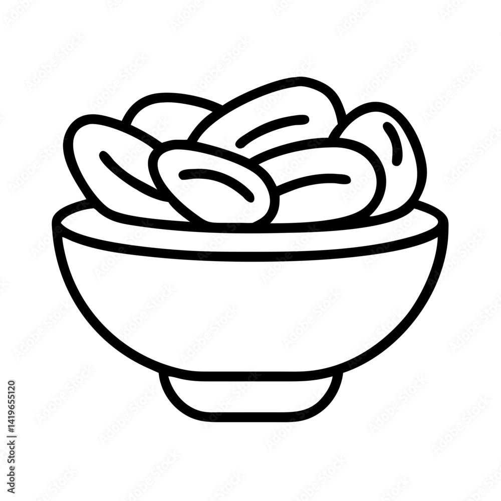Bowl of dates vector illustration, healthy snack, ramadan food, islamic holiday, outline drawing Bowl of dates vector illustration, healthy snack, ramadan food, islamic holiday, outline drawing