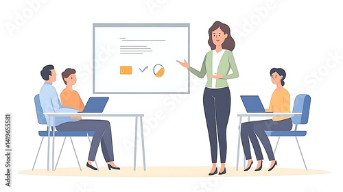 A woman is teaching a group of people in a classroom