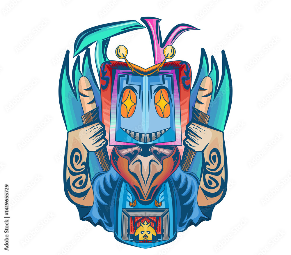 Obraz premium art, culture, balinese, bali, asian, leak, indonesia, design, traditional, indonesian, barong, illustration, mask, dance, asia, symbol, temple, ethnic, god, travel, decoration, vector, face, backgroun