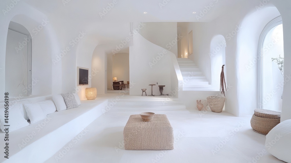 Fototapeta premium Bright white interior features unique architecture and minimalist decor