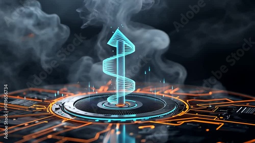 Glowing futuristic arrow spiraling upwards, over a circuit board, surrounded by smoke