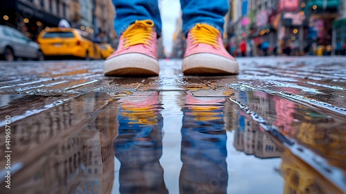 Pink sneakers reflecting cityscape in a rainy puddle