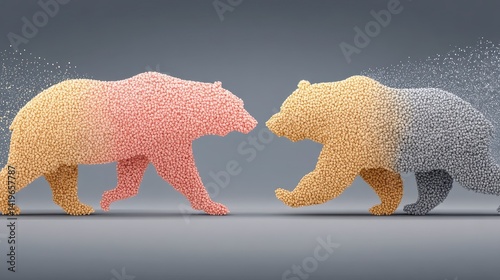 Pixelated Bears Face Off Symbolizing Market Trends in Orange and Yellow on Grey