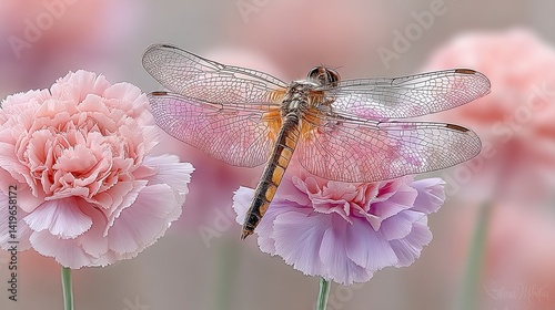 Pixelated Dragonfly on Pink and Purple Carnations