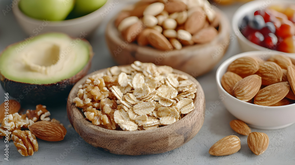 Fototapeta premium Assorted Nuts And Oats Healthy Food Display