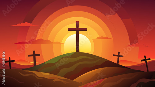 Very beautiful Three crosses on a hill at sunset religious easter background christian faith crucifixion good friday concept