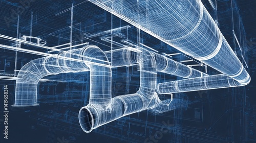 Architectural BIM model of air ducts 3D blueprint illustration of HVAC network design