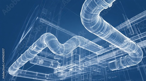 Architectural BIM model of air ducts 3D blueprint illustration of HVAC network design