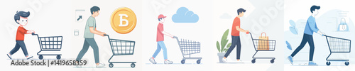 vector collection of young people pushing a trolley