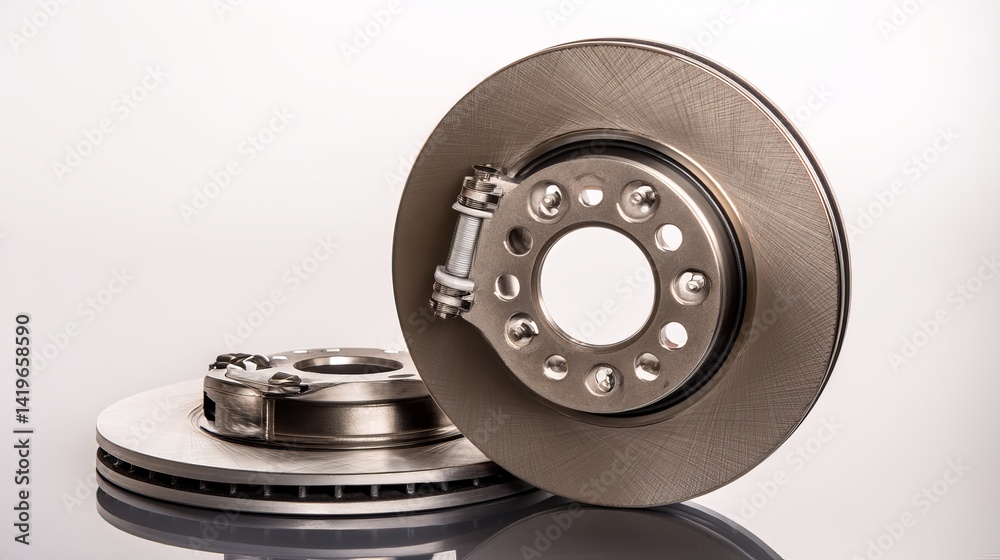 Brake disc rotors and pads isolated on white Spare car parts for auto repair or detailing Brake disc rotors and pads isolated on white Spare car parts for auto repair or detailing