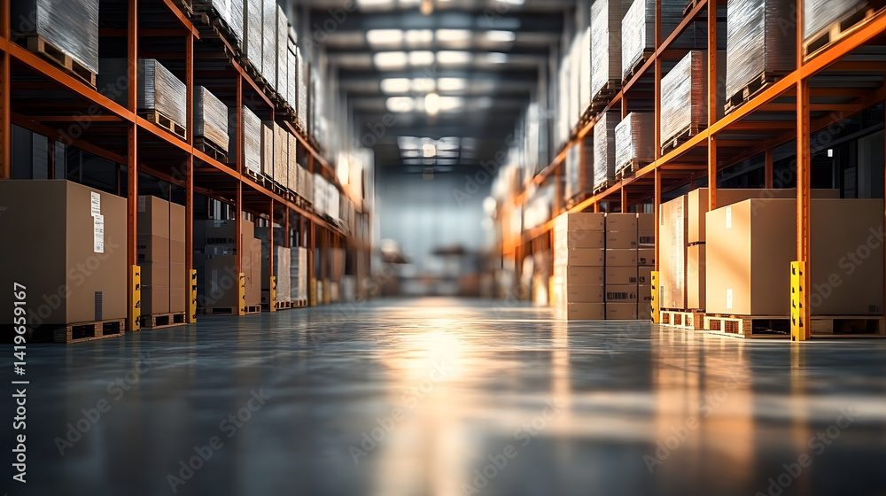Fototapeta premium Warehouse industry blur background with logistic wholesale storehouse, blurry industrial silo interior aisle for furniture merchandise inventory and wood material, construction supplies big box store