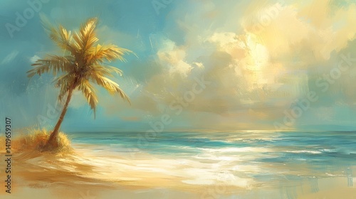 Tropical Beach Sunset with Palm Tree and Calm Ocean