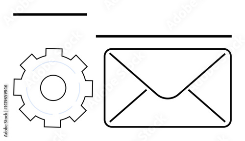 Envelope with gear illustrates email setup or configuration. Ideal for communication, automation, business tools, mailing system, marketing process, software setup, simple landing page