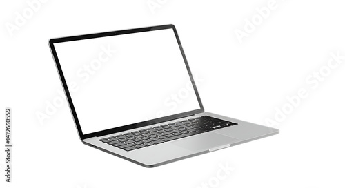 Laptop with a blank white screen is angled on a black background providing space for text or graphics