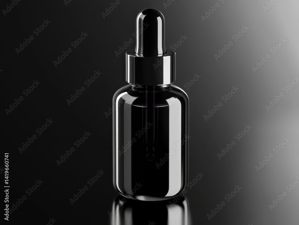 Black glass dropper bottle with shiny surface, placed on dark reflective background for product display Black glass dropper bottle with shiny surface, placed on dark reflective background for product display
