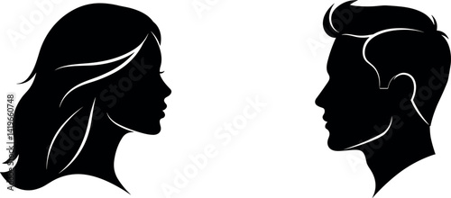 vector set, Vector illustration of silhouette man and woman portrait in profile. Male and female head on a white 