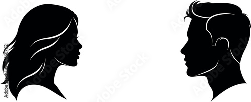 vector set, Vector illustration of silhouette man and woman portrait in profile. Male and female head on a white 