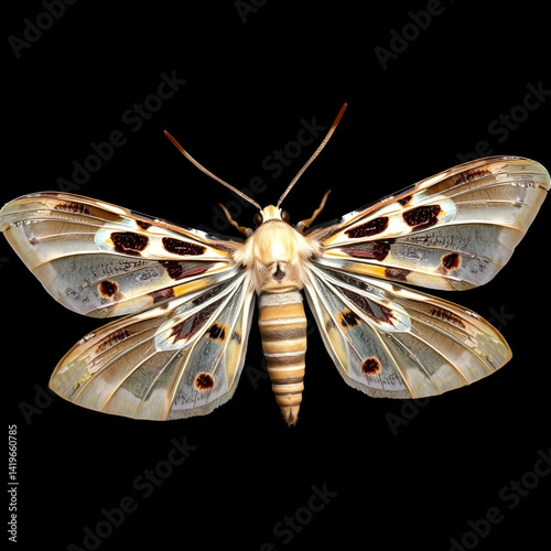Clearwing's wingspan against a dark background, spread, wildlife, clearwing moth