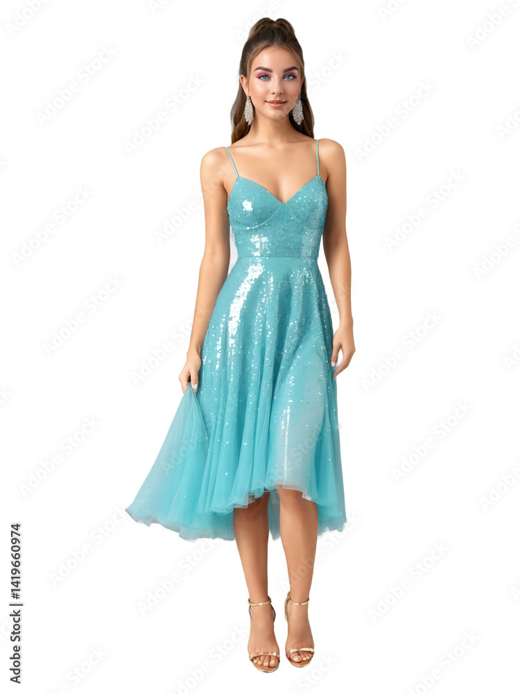 Playful sequin skater dress, thin straps, fitted bodice with a flared skirt, allover shimmering turquoise sequins, short length for Playful sequin skater dress, thin straps, fitted bodice with a flared skirt, allover shimmering turquoise sequins, short length for
