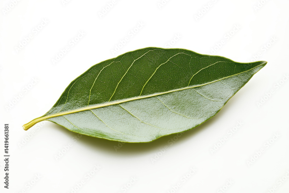 Obraz premium Fresh bay leaf on white background showcasing its vibrant green color and detailed texture