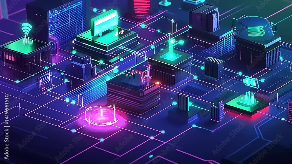 Futuristic digital landscape showcasing interconnected technology hubs and vibrant neon lights Futuristic digital landscape showcasing interconnected technology hubs and vibrant neon lights