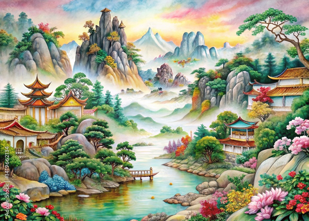 Obraz premium Chinese Scroll Painting AI Art, Traditional Asian Style