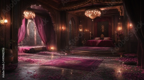Luxurious boudoir decorated with rose petals and elegant embellishments