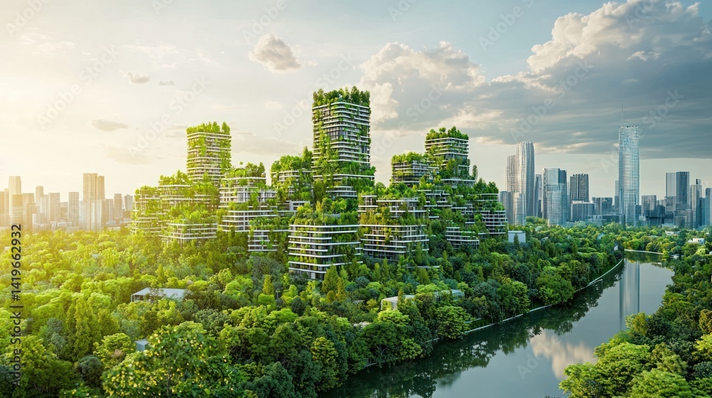 Fototapeta premium A bird eye view of a smart eco-friendly cityscape with greenery.