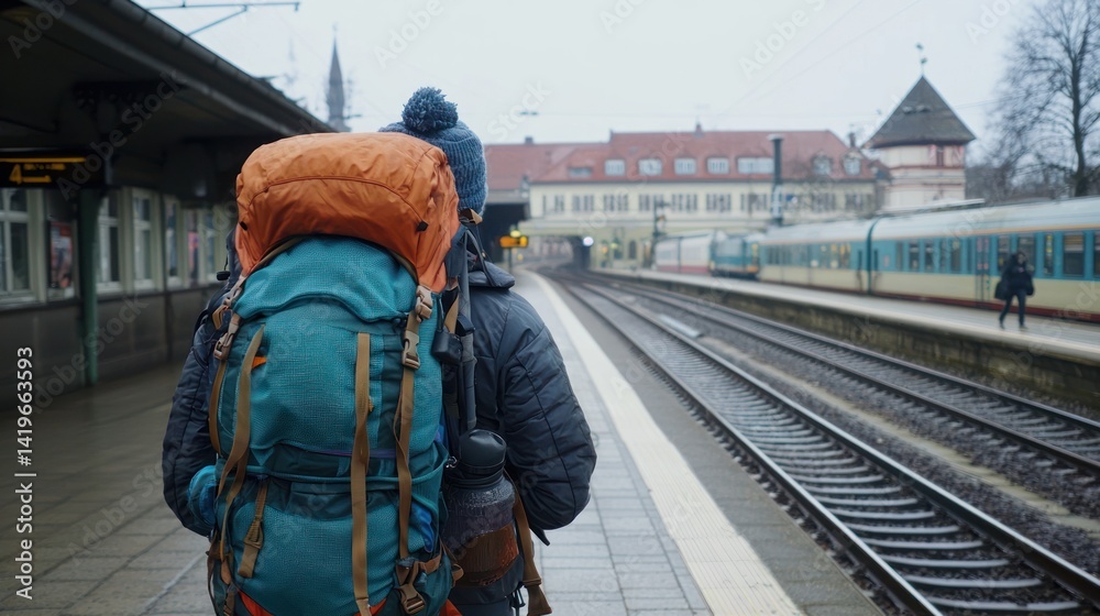 A backpacker standing at a train station platform. A backpacker standing at a train station platform.