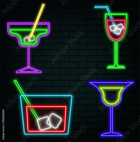 Drinks menu design. Bar emblem drink mexican alcohol in neon style. neon cocktails. drinks icon.