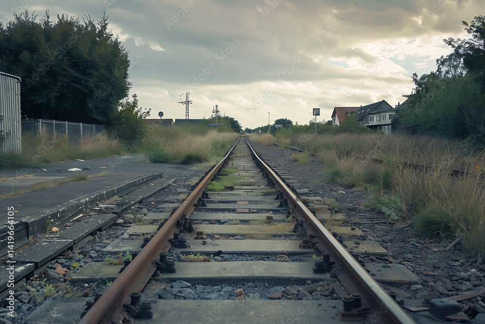 Fototapeta premium Railway Tracks Stretching Into The Distance Under Cloudy Sky With Green Vegetation
