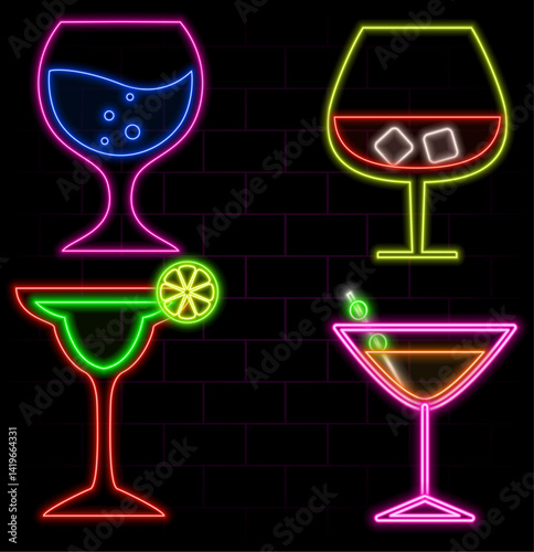 Tequila bar neon sign with bottle and glass in glass in circle frames. Bar emblem drink mexican alcohol in neon style. neon cocktails. drinks icon.