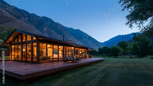 Modern Wooden Cabin at Twilight with Mountain View