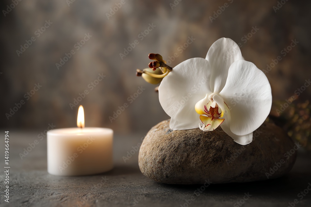 A delicate orchid beside a glowing candle. A delicate orchid beside a glowing candle.