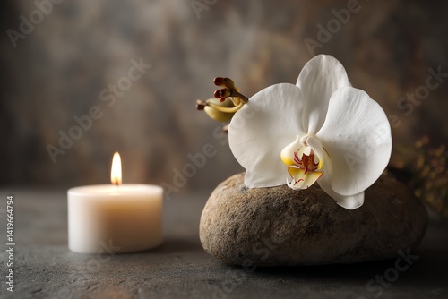 A delicate orchid beside a glowing candle.