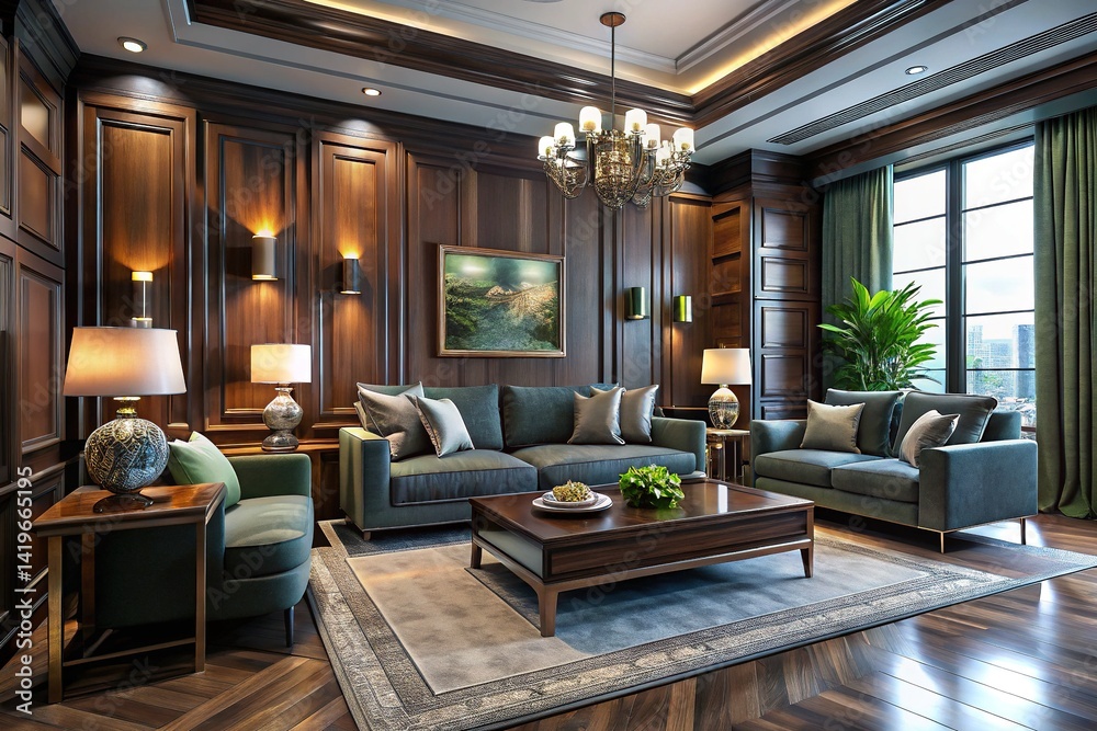 Fototapeta premium Modern Dark Wood Living Room Interior Design