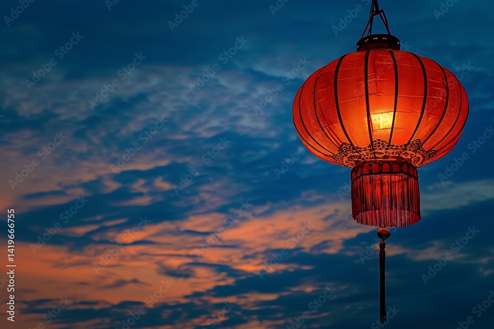 Fototapeta premium Red Lantern Glowing Against Dramatic Evening Sky With Sunset Colors And Cloud Formation